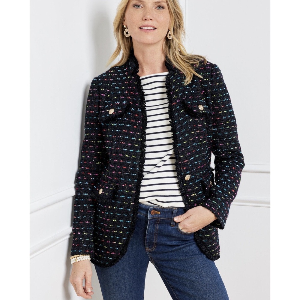 Talbots Sz 10 NAVY TWEED Rainbow Open Jacket Blazer Heavy Gold Career Dress‎